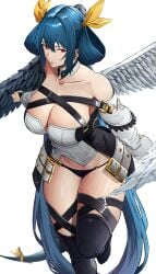 1girls angel_wings black_panties black_thighhighs blue_hair breasts cleavage collarbone dizzy_(guilty_gear) guilty_gear hair_ribbon hair_rings long_hair looking_to_the_side tagme