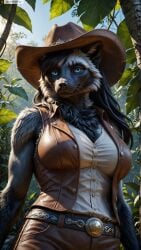 ai_generated animal_ears anthro artist_name belt black_hair blue_eyes breasts female female_anthro furry furry_female hat hi_res high_resolution highres long_hair photorealistic realistic solo stable_diffusion twitter twitter_username vest watermark yiffyjiffy2 yiffyjiffy69