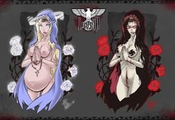 1girls black_hair blonde_hair blood blue_eyes breasts christianity cloak color cross dark dark_persona dual_persona evil female female_only good_and_evil gore light_skin nightmare_waifu nipples praying pregnant public_domain red_eyes religion roses source_request swastika thick_thighs turtlechan virgin_mary white_skin wide_hips