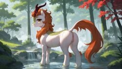 ai_generated animal_genitalia animal_pussy anus ass autumn_blaze_(mlp) equine_genitalia equine_pussy female female_only feral feral_only friendship_is_magic furry hasbro horn kirin my_little_pony orange_hair pussy smile solo tree yellow_eyes