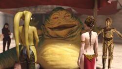 3d 3girls alexbridger belly_dancer belly_dancer_outfit bodysuit braided_hair brown_hair c-3po femsub fishnets green_skin harem harem_girl harem_outfit hutt jabba's_palace jabba_the_hutt loincloth long_hair melina_carniss oola princess_leia_organa rear_view slave slave_bikini slave_collar slave_leia slave_outfit slavegirl star_wars submissive_female twi'lek