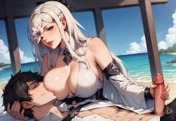 1boy 1girls ai_generated beach black_hair blush breast_sucking breasts drag-on_dragoon drag-on_dragoon_3 drakengard drakengard_3 erect_penis female flower flower_in_eye large_breasts long_hair male masturbating one_breast_out open_clothes penis penis_grab pink_eyes ribbon smile zero_(drag-on_dragoon) zero_(drakengard)