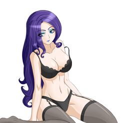 black_bra black_panties black_thighhighs blue_eyes bra breasts cleavage eyeshadow female friendship_is_magic garter_straps human humanized lipstick long_hair looking_away makeup my_little_pony navel off_shoulder panties personification purple_hair rarity_(mlp) simple_background sitting smooth_skin solo thighhighs translucent_hair wariza white_background zantyarz