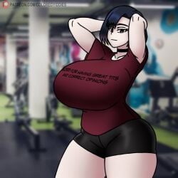 big_breasts blue_hair coloredyiddies curvy_figure gym lei_(coloredyiddies) posing_for_the_viewer red_shirt workout_clothes