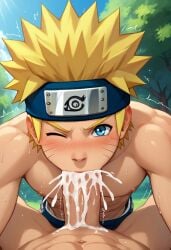 abs ai_generated bara biceps big_penis blonde_hair blowjob blue_eyes blush cum_in_mouth deepthroat ejaculation erection gay headband looking_at_viewer male male/male male_only muscular muscular_male naruto nipples nude_male pecs penis penis_in_mouth toned_body toned_male twall97 uzumaki_naruto wink winking winking_at_viewer