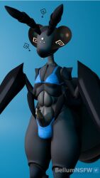 3d_(artwork) 9:16 ant antennae_(anatomy) anthro arthropod arthropod_abdomen ball_bulge bellumnsfw bikini black_body bodily_fluids bulge claws clothing digital_media_(artwork) dizzy_(artlegionary) dripping erection femboy genital_fluids genitals hi_res hymenopteran insects leaking_precum male multi_limb navel peeking_penis penis precum precum_drip question_mark solo spiral_eyes swimwear thick_thighs two-piece_swimsuit