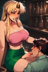 ai_generated black_lagoon blonde_hair dominant_futanari eda_(black_lagoon) forced_oral futa_on_male futanari green_skirt oral_sex pink_tube_top rough_sex smoking smoking_cigarette submissive_male