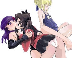 3girls artoria_pendragon ass black_hair blonde_hair breast_grab breasts demag detached_sleeves fate/stay_night fate_(series) female female_only hair_ribbon incest long_hair matou_sakura miniskirt multiple_girls name_tag one-piece_swimsuit panties pantyshot pleated_skirt purple_eyes purple_hair ribbon school_swimsuit siblings sister sisters skirt swimsuit tied_hair tohsaka_rin turtleneck twintails type-moon underwear white_panties yuri