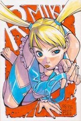 blonde_hair blue_eyes capcom feet female female_only frills highres human leotard looking_up mask rainbow_mika solo spandex straight_hair street_fighter street_fighter_alpha street_fighter_alpha_3 tan tanline tied_hair tongue twintails unmasked wrestler