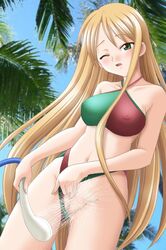 bb bikini bikini_aside blonde_hair blush breasts censored count_zero erect_nipples green_eyes large_breasts long_hair mahou_sensei_negima mahou_sensei_negima! masturbation medium_breasts nipples pussy shaved_pussy shower swimsuit swimsuit_aside water water_masturbation wink yukihiro_ayaka