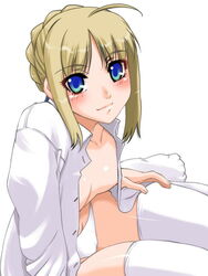 artoria_pendragon blouse fate/stay_night fate_(series) nipple_slip nipples open_clothes open_shirt panties shinama shirt solo thighhighs type-moon underwear