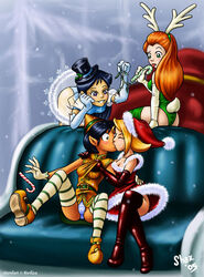 alex_(totally_spies) asian ayvuir_blue black_hair blonde_hair blue_eyes boots britney_(totally_spies) candy_cane christmas clover_(totally_spies) dark_skin female female_only footwear green_eyes handwear hazel_eyes high_heel_boots high_heels human kissing latina legwear leotard mistletoe multiple_females orange_hair pale_skin redhead sam_(totally_spies) shax_(artist) shaxbert straight_hair thigh_boots thighhigh_boots totally_spies yellow_eyes yuri