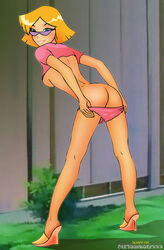 ass bent_over blonde_hair cartoonworkxxx clothes clover_(totally_spies) color day female female_only hair human looking_at_viewer outdoors public short_hair solo straight_hair tan_skin totally_spies