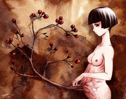 bare_shoulders berries black_eyes black_hair bob_cut breasts cleavage copyright_request frown messiah_cage mystic_cage nipples nude pregnant profile short_hair sideboob standing surreal tree trees watermark what