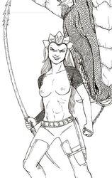 belt black_and_white colour_of_magic discworld dragon headwear k!sdra large_breasts leash long_hair monochrome nipples smile terry_pratchett traditional_media_(artwork) very_long_hair