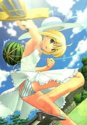 artoria_pendragon ass blonde_hair blue_panties blue_striped_panties dress dutch_angle fate/stay_night fate_(series) frills green_eyes hat panties rubbish_selecting_squad sandals sky solo standing striped striped_panties sun_hat type-moon underwear upskirt white_dress