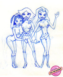 3girls alex_(totally_spies) areola breasts busty cleavage clover_(totally_spies) exposed_breasts female female_only high_heel_boots human monochrome multiple_females nipples open_clothes sam_(totally_spies) straight_hair totally_spies ts_wanks vibrator voluptuous