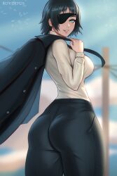 1girls artist_name ass ass_focus big_ass big_breasts black_hair blue_eyes bubble_butt business_woman chainsaw_man eyepatch female female_only himeno_(chainsaw_man) light-skinned_female looking_back mappa office_lady professional_clothes rovintus short_hair solo thick_thighs tight_clothing tight_pants