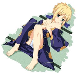 1girls artoria_pendragon barefoot blonde_hair blush breasts date_(artist) fate/hollow_ataraxia fate/stay_night fate_(series) feet female green_eyes japanese_clothes kimono panchira panchira_(sitting) panties pantyshot pantyshot_(sitting) pantyshot_sitting sitting solo type-moon underwear white_panties yukata