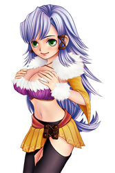 black_legwear blue_hair blush cleavage female final_fantasy final_fantasy_crystal_chronicles green_eyes long_hair pushing_breasts_together selkie smile suggestive thighhighs very_long_hair white_background wolfie_selkie wolfie_selkie_(female)