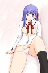 1girls arm_support black_legwear black_socks blue_eyes blue_hair blush bottomless bow breasts cleavage dress_shirt fate/stay_night fate_(series) female footwear hair_ribbon long_hair matou_sakura no_pants open_clothes open_shirt panties ribbon ryp shirt sitting socks solo type-moon underwear white_panties