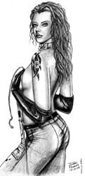 1girls 2002 black_and_white bloodrayne covered_nipples covering_breasts dated female female_only gloves ivan_flores long_hair looking_at_viewer majesco monochrome open_eyes rayne signature solo straight_hair tagme uncensored