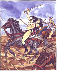 animal arrow arrow_(projectile) arrow_(weapon) artist_request black_hair boobs closed_eyes dead death dying exposed_breasts female female_death guro high_heels horse human light-skinned_female light_skin lipstick long_hair open_mouth riding_horse ryona sword tagme traditional_media vampire vampire_girl vampirella warrior