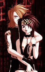 belt blonde_hair bondage breasts brown_eyes brown_hair buttons chains checkerboard checkered choker cleavage copyright_request cuff cuffs gloves goth gothic hair_over_one_eyes lipstick makeup mask messiah_cage mystic_cage nipples short_hair skirt standing tattoo tattoos vest vinyl yellow_eyes