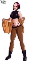 batman_(series) batman_beyond belly_button big_breasts breasts clothed_female coat_removed dc dc_comics dcau deanna_clay nipples_visible_through_clothing pants red_hair red_lipstick reit shirt shoes tagme thong white_background