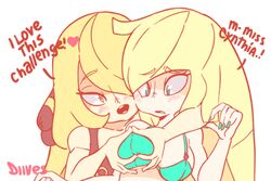 2girls aether_foundation animated bikini blonde_hair blush breast_grab breasts cynthia_(pokemon) diives eyelashes female_only hair_over_one_eye half-closed_eyes human long_hair lusamine_(pokemon) milf nintendo open_mouth patreon peeytcfromanfrogdeeep pokemon pokemon_dppt pokemon_sm text white_background yuri