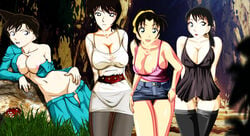 4girls black_hair breasts brown_hair detective_conan dress female human kazuha_toyama large_breasts long_hair miwako_sato multiple_girls naeko_miike nipples pale-skinned_female pale_skin policewoman pubic_hair pussy ran_mouri skirt twintails