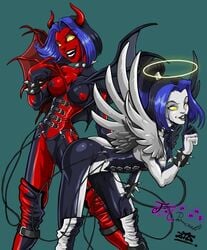 2girls adventurequest_worlds angel angel_wings aqw aqworlds armband artix_entertainment ass bare_ass big_penis black_hair black_lips black_lipstick black_nipples black_skin boobs boots butt corset demon demon_wings f.a.porncraft female halo horns kneehighs long_hair medium_hair purple_hair red_horns red_nipples red_skin sisters vagina white_skin xang_(aqw) xing_(aqw) yellow_eyes