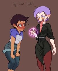 2girls amity_blight canon_couple dark-skinned_female disney disney_channel ear_piercing female female_only light-skinned_female long_tongue luz_noceda multiple_girls pointy_ears purple_hair saliva saliva_drip tagme the_owl_house yackyfishboner_(artist) yuri