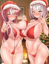 2022 2girls :q absurdres asymmetrical_docking bangs barseisui bikini blunt_bangs blush breast_on_breast breast_press breasts cameltoe christmas christmas_tree cleavage green_eyes grey_hair hair_bun hat highres holding_hands hololive hololive_fantasy hololive_japan houshou_marine large_breasts light-skinned_female light_skin long_hair medium_hair multiple_girls navel paid_reward_available purple_hair red_bikini santa_hat shirogane_noel side_ponytail single_hair_bun smile swimsuit tongue tongue_out virtual_youtuber yellow_eyes