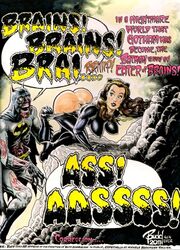 1boy 1girls 2011 ass batman batman_(series) brown_hair bruce_wayne budd_root catwoman dat_ass dc dc_comics dialogue humor julie_newmar looking_at_pussy parody selina_kyle speech_bubble text torn_clothes traditional_media_(artwork) zombie