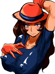 1girls 2010s areolae arm_up artist_request blue_eyes blush breasts brown_hair bust dark-skinned_female dark_skin erect_nipples eyelashes female gloves hat huge_breasts human human_only impossible_clothes impossible_shirt long_hair nintendo nipples npc_trainer pokemon pokemon_bw pokemon_ranger_(pokemon) pokemon_ranger_(pokemon_bw) shirt sketch skin_tight smile solo white_background