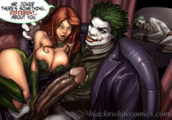 1girls 2boys batman_(series) big_breasts blacknwhitecomics cleavage cuddling curvaceous curvy dark-skinned_male dark_skin dc dc_comics english_text green_hair hair huge_cock hyper_penis imminent_sex interracial joker large_penis male open_mouth penis penis_awe poison_ivy red_hair redhead replacement restrained_male smirk taking_over thick_thighs unconscious_male watermark yair yellow_eyes