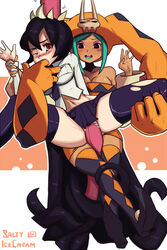 black_hair blue_hair blue_lipstick cerebella eyeshadow filia_(skullgirls) purple_eyeshadow pussy red_eyes saltyicecream samson_(skullgirls) skullgirls uncensored vaginal_penetration vice-versa