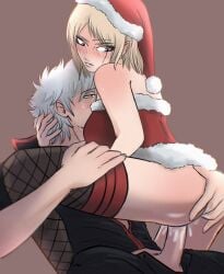 1boy 1girls alternate_costume anal_fingering blonde_hair blush christmas christmas_outfit cum cum_inside facial_scar female female_on_top fingering fingering_partner fishnet_thighhighs fishnets gintama gintoki_sakata gintokisimp hair_down hand_on_another's_head looking_back male penis santa_costume santa_hat short_hair straddling sweat thighhighs tsukuyo uncensored vaginal_penetration