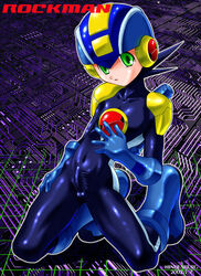 1boy 2002 bodysuit bulge capcom helmet hindenburg kneeling male male_only mega_man mega_man_battle_network megaman.exe penis rockman rockman_exe rockman_exe_(character) skin_tight solo tagme