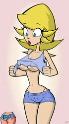 1girls 1milf blonde_hair blue_eyes clothing disney erect_nipples female female_only marci_mcfist mature_female milf mole mole_under_eye plain_background randy_cunningham:_9th_grade_ninja roger_bacon shorts solo tagme tank_top