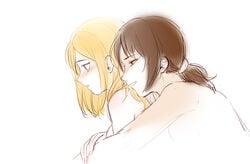 2girls attack_on_titan bare_shoulders blonde_hair blue_eyes blush breasts brown_eyes brown_hair christa_lenz female freckles from_behind historia_reiss hug hug_from_behind love multiple_girls noeunjung93 nude open_mouth ponytail shingeki_no_kyojin short_hair shy side_view sideboob sitting smile tied_hair topless wholesome ymir_(shingeki_no_kyojin) yuri