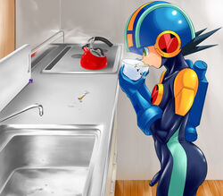 1boy drinking higaneshiki_(artist) kusamuraya male male_only mega_man mega_man_battle_network megaman.exe micropenis penis small_penis solo tagme