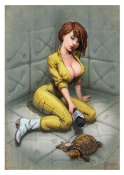 1girls april_o'neil april_o'neil_(tmnt_1987) asylum ben_newman cleavage female full_body huh? interspecies jumpsuit oh_no padded_cell padded_room tagme teenage_mutant_ninja_turtles tmnt_1987 tortoise turtle what white_footwear yokozuwari