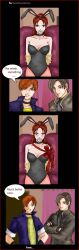 1girls 2boys arms_tied arms_tied_behind_back blush bondage bow_ribbon bunny_ears bunny_girl bunnysuit claire_redfield cleavage covered_mouth duct_tape duct_tape_gag english_text female gagged gift_wrapped ginger leon_scott_kennedy leotard resident_evil resident_evil_4 resident_evil_code_veronica rope_bondage speech_bubble steve_burnside text