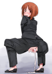 after_sex after_vaginal ankoku_emu_shougun anus ass bad_id bad_pixiv_id black_hair blush brown_eyes cum cum_drip cum_in_pussy female from_behind girls_und_panzer long_hair looking_back mmm nishizumi_miho open_mouth pussy solo spread_pussy spread_pussy_while_squatting squatting torn_pants