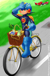 bicycle grass higaneshiki_(artist) kusamuraya latex_suit male male_only mega_man mega_man_battle_network megaman.exe nipples_visible_through_clothing protoman.exe tagme