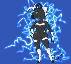 anthro black_fur blitzle blue_background cautioncat electricity female female_only front_view fur pokemon simple_background solo standing white_fur