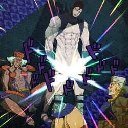 3boys battle_tendency blonde blonde_hair censored dark_skin esidisi face_tattoo green_eyes green_lips green_lipstick headgear headwrap jojo's_bizarre_adventure kars light_skin lip_piercing lip_ring loincloth male male_only muscles muscular muscular_male muscular_males nose_piercing nose_ring pale_skin pink_eyes purple_hair sandals sekiyu_(spartan) tagme tanned tanned_skin tattoo wamuu white_hair yellow_eyes