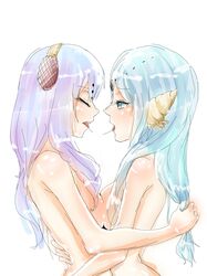 2girls blue blue_eyes closed_eyes dunya_musta'sim female hair kissing magi:_the_labyrinth_of_magic multiple_girls open_mouth purple_hair saliva yamuraiha yuri